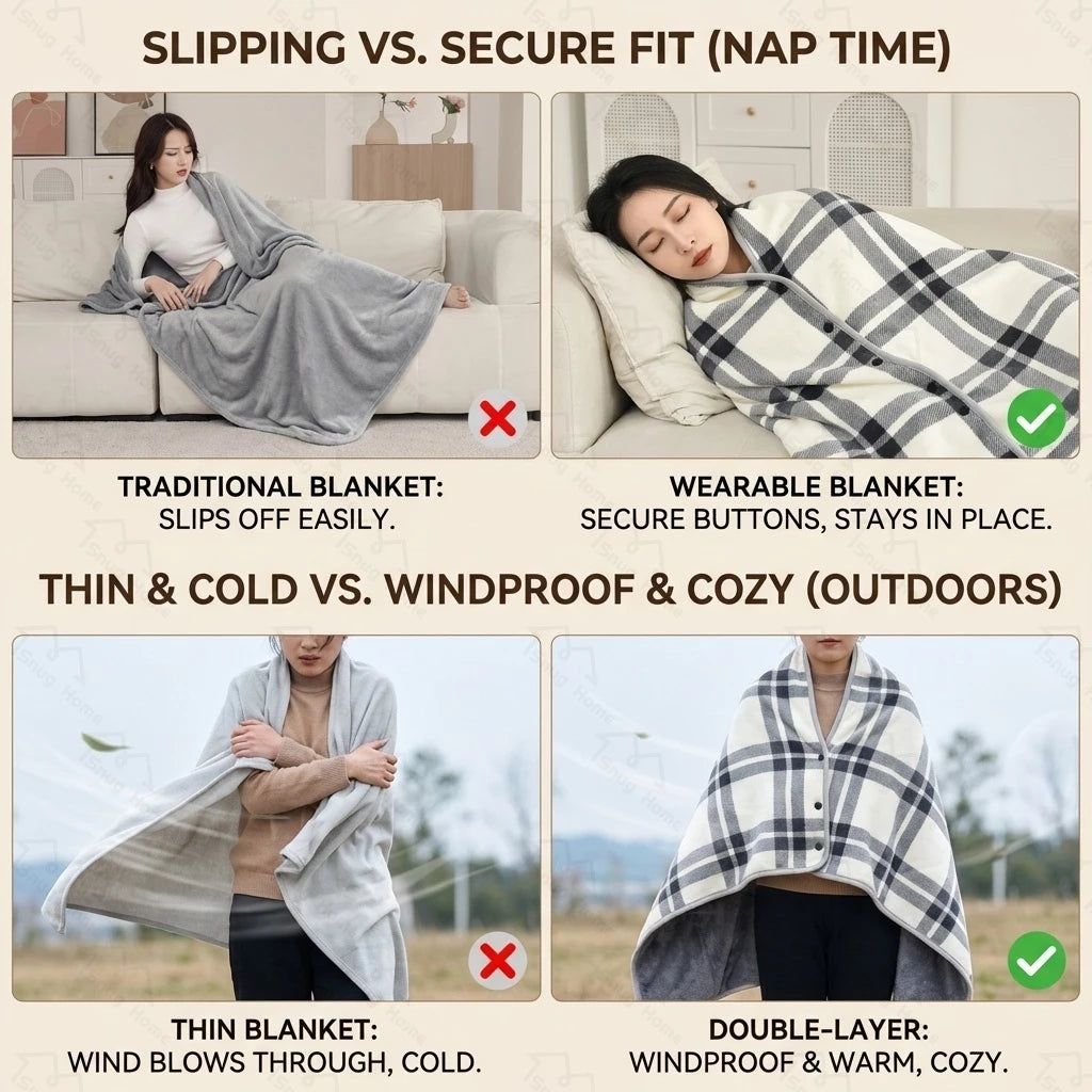 Blanket Fleece Wearable Comfy Poncho Throw with Buttons Plush Kumot Cotton Blanket